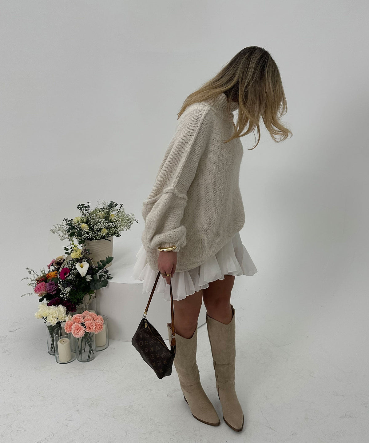 Elena | Cizme Cowboy Bej din Piele Întoarsă