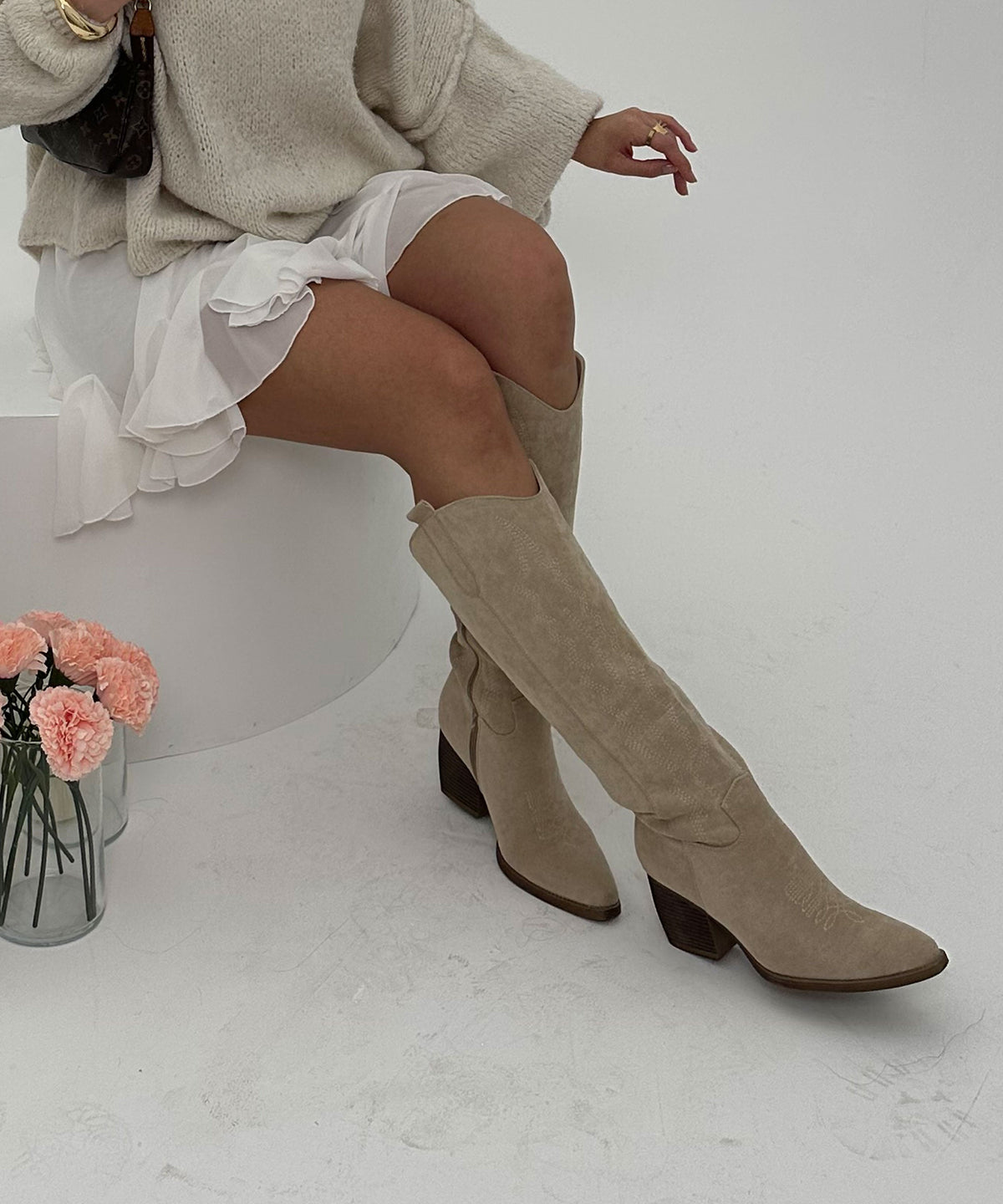 Elena | Cizme Cowboy Bej din Piele Întoarsă