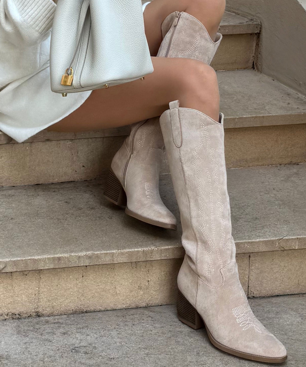 Elena | Cizme Cowboy Bej din Piele Întoarsă